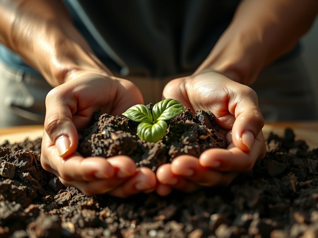 Hands holding a plant sprout, symbolizing growth, nature, and care