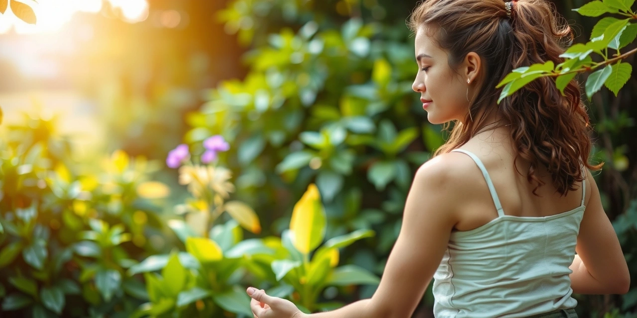 A serene image of a person meditating in a lush, green natural setting, symbolizing health and wellness.
