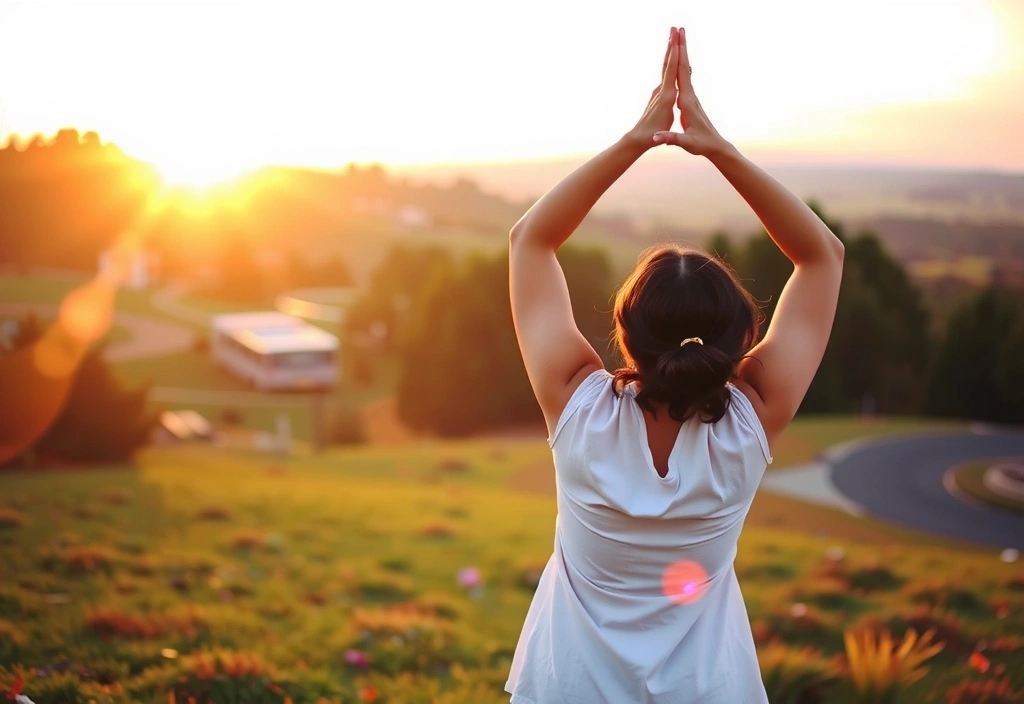 A person practicing yoga outdoors at sunrise, embodying mindfulness and stress reduction.