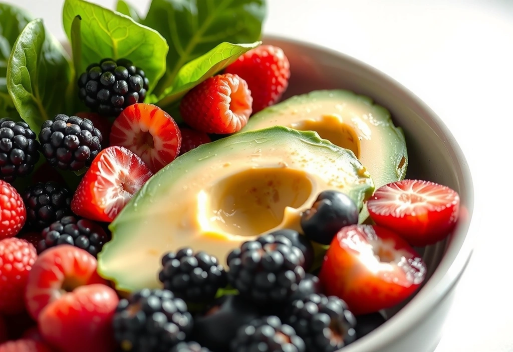 A vibrant bowl of fresh, healthy fruits and vegetables, symbolizing balanced nutrition.
