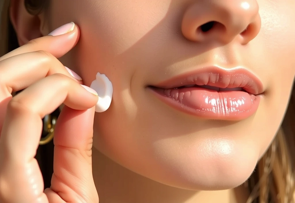 Close-up of a person applying natural skincare cream to their face, highlighting a radiant complexion.