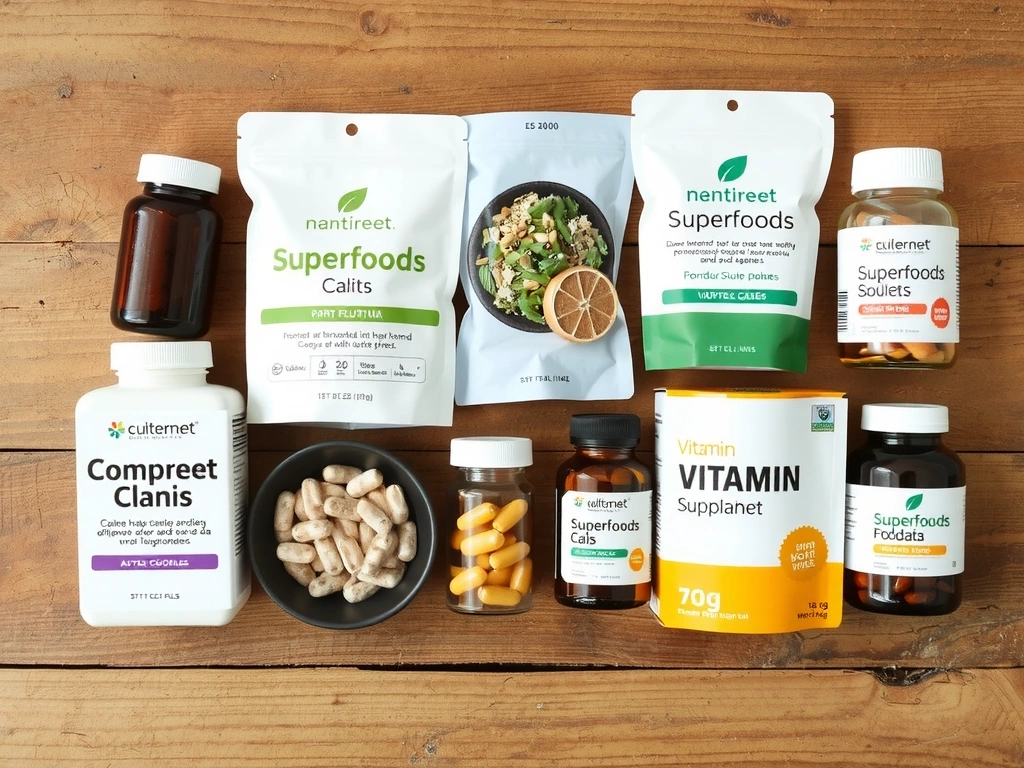 Assortment of dietary supplements and vitamins in natural setting