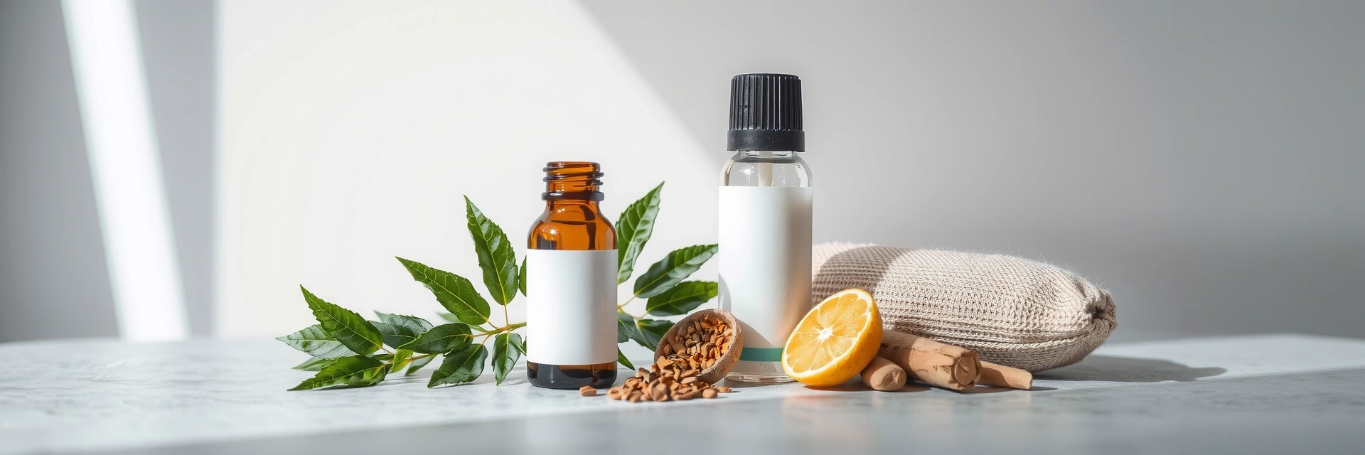 A serene image of natural ingredients for health and wellness products, with soft, diffused lighting and a focus on botanical elements.