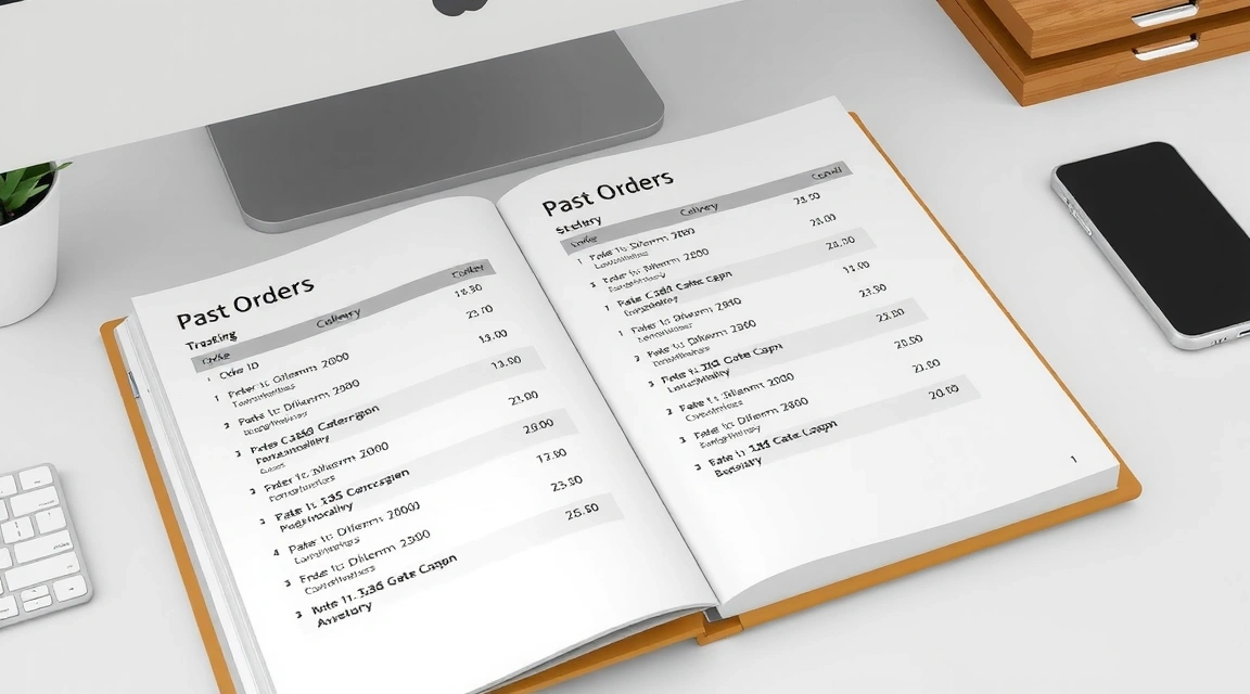A detailed ledger of past orders, showing various transactions and their statuses on a clean, modern desk.