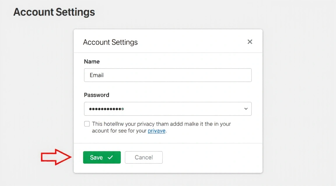 A digital interface displaying account settings, with fields for name, email, and password, and a save button. The interface is clean and modern, with focus on user privacy and control.