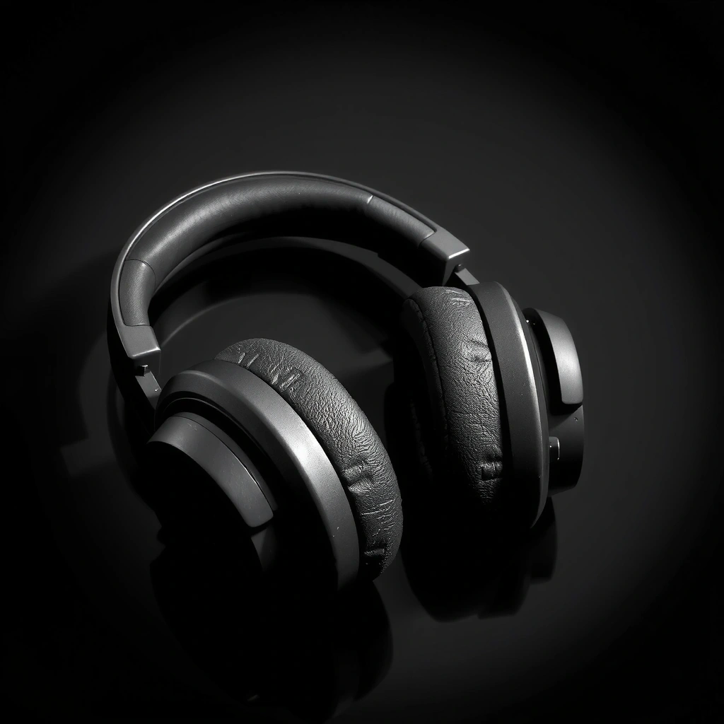 High-fidelity over-ear headphones in matte black, with soft earcups and an adjustable band, resting on a dark surface.